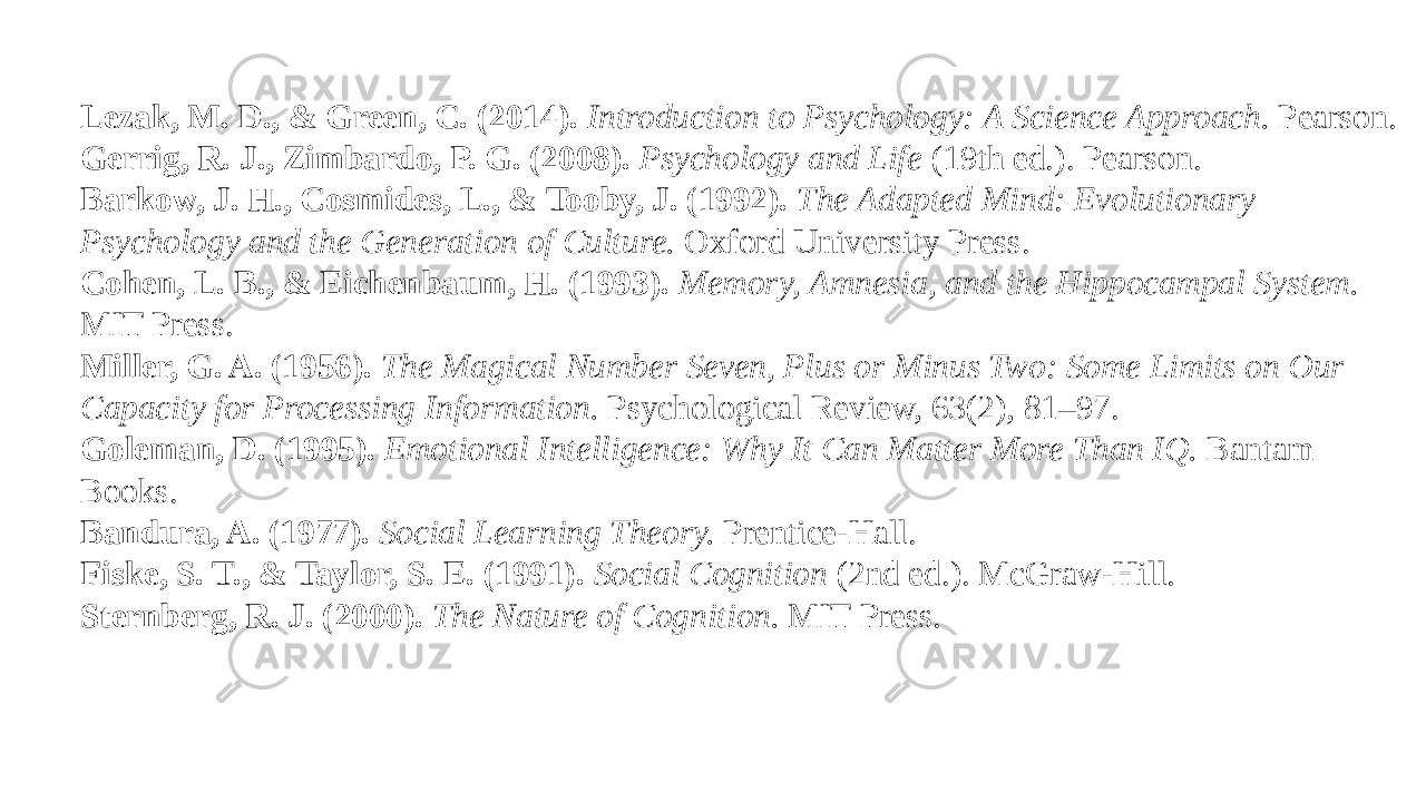 Lezak, M. D., & Green, C. (2014). Introduction to Psychology: A Science Approach. Pearson. Gerrig, R. J., Zimbardo, P. G. (2008). Psychology and Life (19th ed.). Pearson. Barkow, J. H., Cosmides, L., & Tooby, J. (1992). The Adapted Mind: Evolutionary Psychology and the Generation of Culture. Oxford University Press. Cohen, L. B., & Eichenbaum, H. (1993). Memory, Amnesia, and the Hippocampal System. MIT Press. Miller, G. A. (1956). The Magical Number Seven, Plus or Minus Two: Some Limits on Our Capacity for Processing Information. Psychological Review, 63(2), 81–97. Goleman, D. (1995). Emotional Intelligence: Why It Can Matter More Than IQ. Bantam Books. Bandura, A. (1977). Social Learning Theory. Prentice-Hall. Fiske, S. T., & Taylor, S. E. (1991). Social Cognition (2nd ed.). McGraw-Hill. Sternberg, R. J. (2000). The Nature of Cognition. MIT Press. 