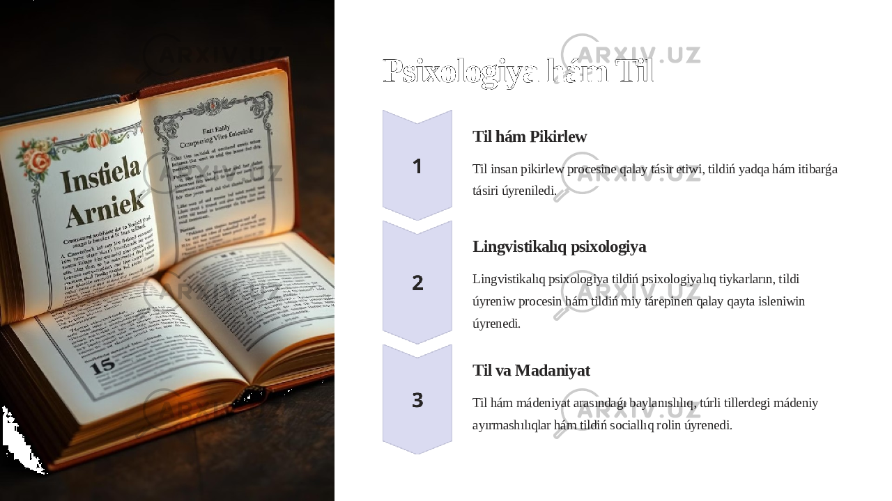 Psixologiya hám Til Til hám Pikirlew Til insan pikirlew procesine qalay tásir etiwi, tildiń yadqa hám itibarǵa tásiri úyreniledi. Lingvistikalıq psixologiya Lingvistikalıq psixologiya tildiń psixologiyalıq tiykarların, tildi úyreniw procesin hám tildiń miy tárepinen qalay qayta isleniwin úyrenedi. Til va Madaniyat Til hám mádeniyat arasındaǵı baylanıslılıq, túrli tillerdegi mádeniy ayırmashılıqlar hám tildiń sociallıq rolin úyrenedi. 