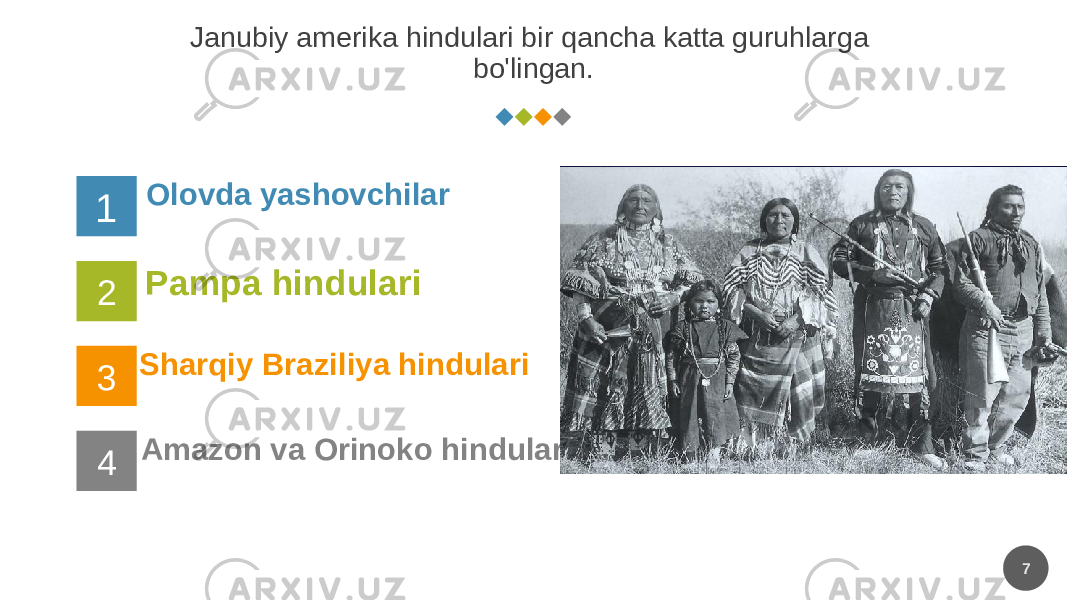 Janubiy amerika hindulari bir qancha katta guruhlarga bo&#39;lingan. 741 2 3 Olovda yashovchilar Pampa hindulari Sharqiy Braziliya hindulari Amazon va Orinoko hindulari 