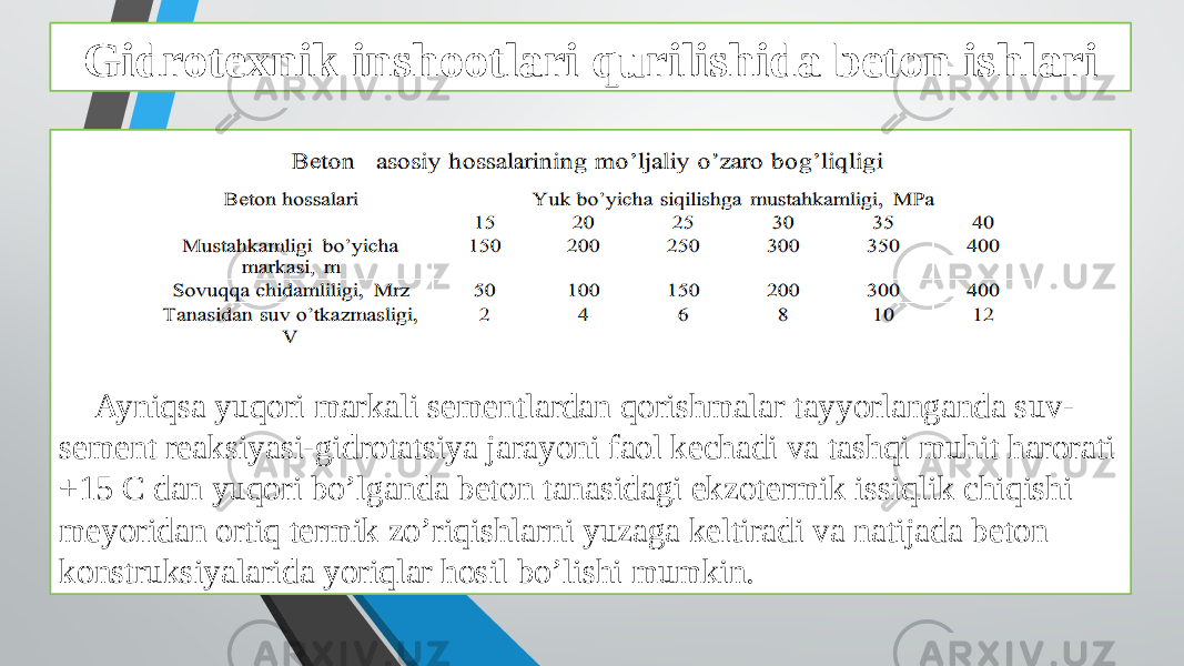 Gidrotexnik inshootlari qurilishida beton ishlari Ayniqsa yuqori markali sementlardan qorishmalar tayyorlanganda suv- sement reaksiyasi-gidrotatsiya jarayoni faol kechadi va tashqi muhit harorati +15 C dan yuqori bo’lganda beton tanasidagi ekzotermik issiqlik chiqishi meyoridan ortiq termik zo’riqishlarni yuzaga keltiradi va natijada beton konstruksiyalarida yoriqlar hosil bo’lishi mumkin. 