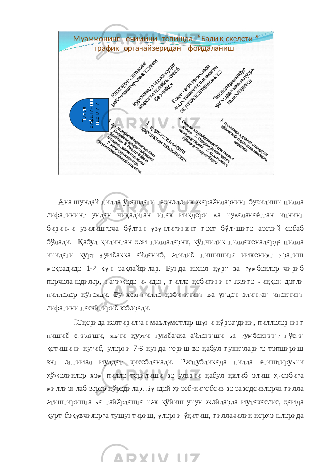  Ана шундай пилла ўрашдаги технологик жараёнларнинг бузилиши пилла сифатининг ундан чиқадиган ипак миқдори ва чуваланаётган ипнинг биринчи узилишгача бўлган узунлигининг паст бўлишига асосий сабаб бўлади. Қабул қилинган хом пиллаларни, кўпчилик пиллахоналарда пилла ичидаги қурт ғумбакка айланиб, етилиб пишишига имконият яратиш мақсадида 1-2 кун сақлайдилар. Бунда касал қурт ва ғумбаклар чириб парчаланадилар, натижада ичидан, пилла қобиғининг юзига чиққан доғли пиллалар кўпаяди. Бу хол пилла қобиғининг ва ундан олинган ипакнинг сифатини пасайтириб юборади. Юқорида келтирилган маълумотлар шуни кўрсатдики, пиллаларнинг пишиб етилиши, яъни қурти ғумбакка айланиши ва ғумбакнинг пўсти қотишини кутиб, уларни 7-9 кунда териш ва қабул пунктларига топшириш энг оптимал муддат ҳисобланади. Республикада пилла етиштирувчи хўжаликлар хом пилла терилиши ва уларни қабул қилиб олиш ҳисобига миллионлаб зарар кўрадилар. Бундай ҳисоб-китобсиз ва саводсизларча пилла етиштиришга ва тайёрлашга чек қўйиш учун жойларда мутахассис, ҳамда қурт боқувчиларга тушунтириш, уларни ўқитиш, пиллачилик корхоналарида Муаммонинг ечимини топишда “ Бали қ скелети ” график органайзеридан фойдаланишПилла сифатининг пастлиги . . 