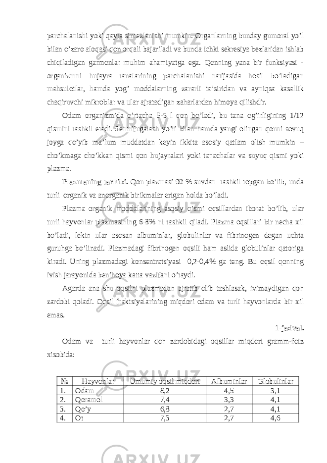 parchalanishi yoki qayta sintezlanishi mumkin. Organlarning bunday gumoral yo’l bilan o’zaro aloqasi qon orqali bajariladi va bunda ichki sekresiya bezlaridan ishlab chiqiladigan garmonlar muhim ahamiyatga ega. Qonning yana bir funksiyasi - organizmni hujayra tanalarining parchalanishi natijasida hosil bo’ladigan mahsulotlar, hamda yog’ moddalarning zararli ta’siridan va ayniqsa kasallik chaqiruvchi mikroblar va ular ajratadigan zaharlardan himoya qilishdir. Odam organizmida o’rtacha 5-6 l qon bo’ladi, bu tana og’irligining 1/12 qismini tashkil etadi. Sentrifugalash yo’li bilan hamda yangi olingan qonni sovuq joyga qo’yib ma’lum muddatdan keyin ikkita asosiy qatlam olish mumkin – cho’kmaga cho’kkan qismi qon hujayralari yoki tanachalar va suyuq qismi yoki plazma. Plazmaning tarkibi. Qon plazmasi 90 % suvdan tashkil topgan bo’lib, unda turli organik va anorganik birikmalar erigan holda bo’ladi. Plazma organik moddalarining asosiy qismi oqsillardan iborat bo’lib, ular turli hayvonlar plazmasining 6-8% ni tashkil qiladi. Plazma oqsillari bir necha xil bo’ladi, lekin ular asosan albuminlar, globulinlar va fibrinogen degan uchta guruhga bo’linadi. Plazmadagi fibrinogen oqsili ham aslida globulinlar qatoriga kiradi. Uning plazmadagi konsentratsiyasi 0,2-0,4% ga teng. Bu oqsil qonning ivish jarayonida benihoya katta vazifani o’taydi. Agarda ana shu oqsilni plazmadan ajratib olib tashlasak, ivimaydigan qon zardobi qoladi. Oqsil fraktsiyalarining miqdori odam va turli hayvonlarda bir xil emas. 1-jadval. Odam va turli hayvonlar qon zardobidagi oqsillar miqdori gramm-foiz xisobida: № Hayvonlar Umumiy oqsil miqdori Albuminlar Globulinlar 1. Odam 8,2 4,5 3,1 2. Qoramol 7,4 3,3 4,1 3. Qo’y 6,8 2,7 4,1 4. Ot 7,3 2,7 4,6 