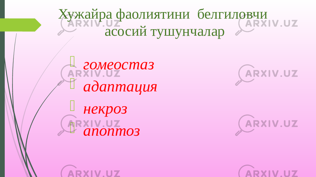 Хужайра фаолиятини белгиловчи асосий тушунчалар  гомеостаз  адаптация  некроз  апоптоз 