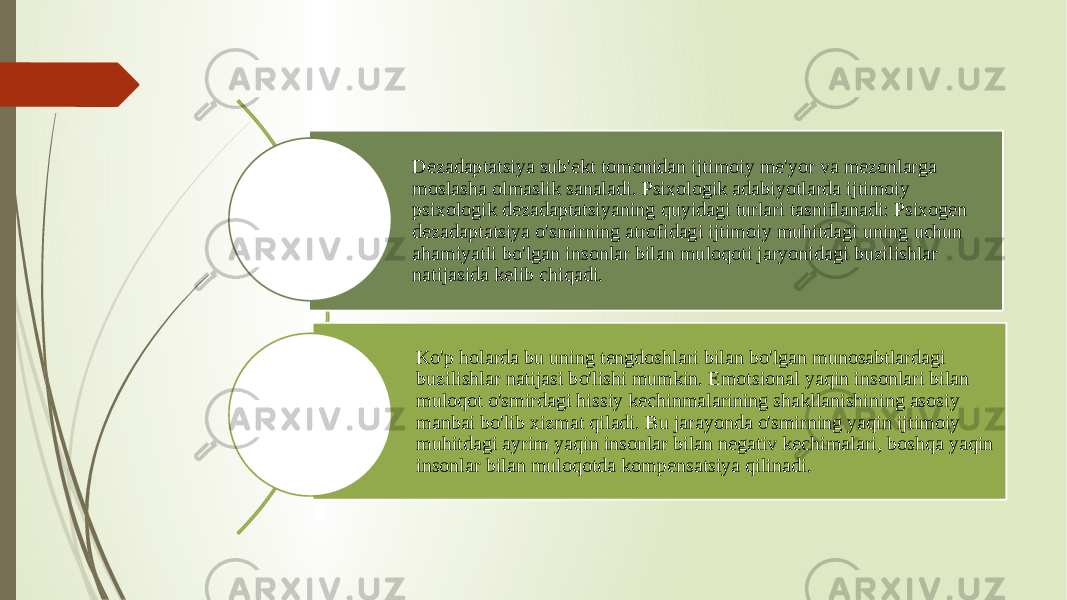 Dezadaptatsiya sub&#39;ekt tomonidan ijtimoiy me&#39;yor va mezonlarga moslasha olmaslik sanaladi. Psixologik adabiyotlarda ijtimoiy psixologik dezadaptatsiyaning quyidagi turlari tasniflanadi: Psixogen dezadaptatsiya o&#39;smirning atrofidagi ijtimoiy muhitdagi uning uchun ahamiyatli bo&#39;lgan insonlar bilan muloqoti jaryonidagi buzilishlar natijasida kelib chiqadi.  Ko&#39;p holarda bu uning tengdoshlari bilan bo&#39;lgan munosabtlardagi buzilishlar natijasi bo&#39;lishi mumkin. Emotsional yaqin insonlari bilan muloqot o&#39;smirdagi hissiy kechinmalarining shakllanishining asosiy manbai bo&#39;lib xizmat qiladi. Bu jarayonda o&#39;smirning yaqin ijtimoiy muhitdagi ayrim yaqin insonlar bilan negativ kechimalari, boshqa yaqin insonlar bilan muloqotda kompensatsiya qilinadi. 