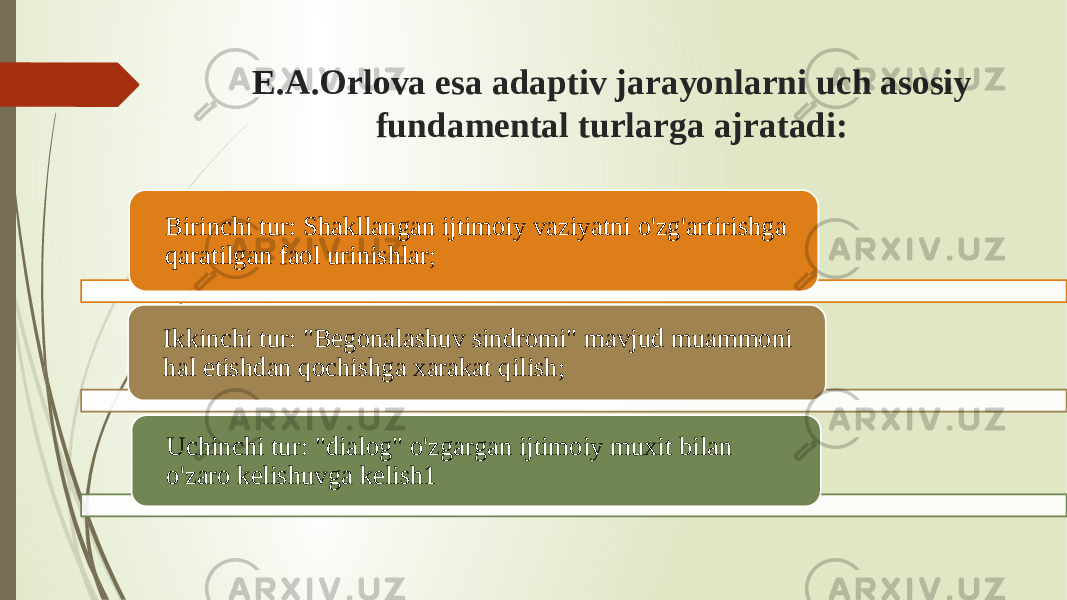 E.A.Orlova esa adaptiv jarayonlarni uch asosiy fundamental turlarga ajratadi:  Birinchi tur: Shakllangan ijtimoiy vaziyatni o&#39;zg&#39;artirishga qaratilgan faol urinishlar; Ikkinchi tur: &#34;Begonalashuv sindromi&#34; mavjud muammoni hal etishdan qochishga xarakat qilish; Uchinchi tur: &#34;dialog&#34; o&#39;zgargan ijtimoiy muxit bilan o&#39;zaro kelishuvga kelish1 