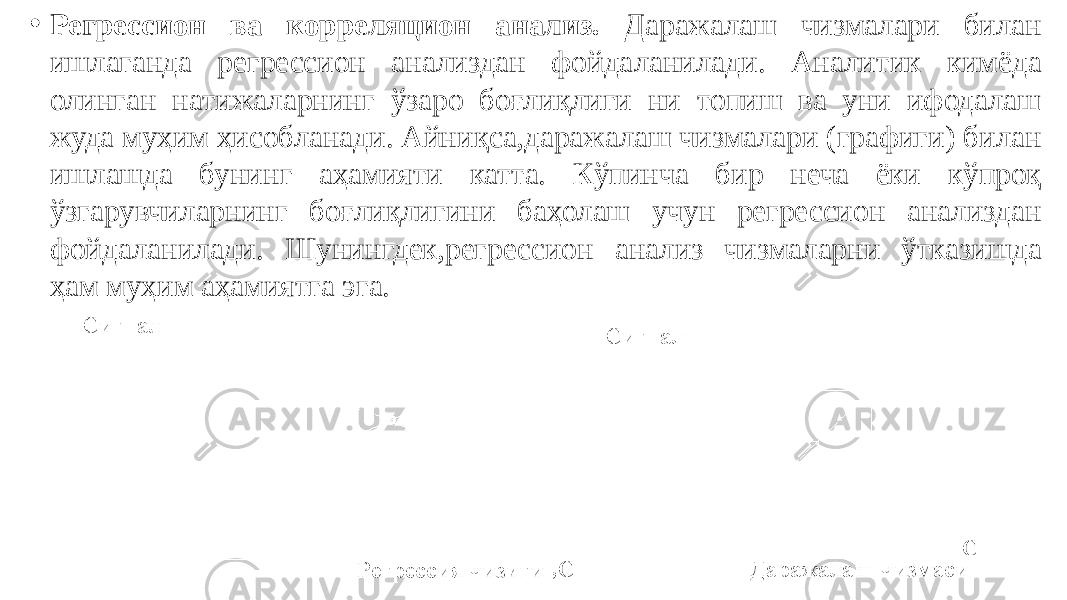 • Регрессион ва корреляцион анализ. Даражалаш чизмалари билан ишлаганда регрессион анализдан фойдаланилади. Аналитик кимёда олинган натижаларнинг ўзаро боғлиқлиги ни топиш ва уни ифодалаш жуда муҳим ҳисобланади. Айниқса,даражалаш чизмалари (графиги) билан ишлашда бунинг аҳамияти катта. Кўпинча бир неча ёки кўпроқ ўзгарувчиларнинг боғлиқлигини баҳолаш учун регрессион анализдан фойдаланилади. Шунингдек,регрессион анализ чизмаларни ўтказишда ҳам муҳим аҳамиятга эга. 