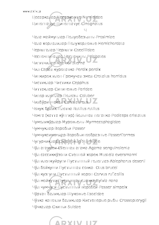 www.arxiv.uz Цесаркалар-Цесарковые- Numididae Циногнатус-Циногпатус- Cinognatus Ч Чала маймунлар-Полуобезьяны- Prosimiae Чала хордалилар-Полухордовые- Hemichordata Червягалар-Червяги- Coeciliidae Чесночницалар-Чесночицы- Pelobates Чигитчилар-Крачки-Sterna Чил-Серая куропатка- Perdix perdix Чинкирок илон-Гремучая змея- Crotalus horridus Чистиклар-Чистики- Cepphus Читтаклар-Синицевые- Paridae Чипор илонлар-Полозы- Coluber Чиябўри-шакал- Canis aureus Човук балик-Плотва- Rutilus rutilus Чомга (катта кўнгир)-Большая поганка- Podiceps cristatus Чумолихўрлар-Муровьеды- Myrmecophagidae Чумчуклар-Воробьи- Passer Чумчуксимонлар-Воробьинообразные- Passeriformes Чугурчиклар-Сворцовые- Sturnidae Чўл агамаси-Степная агама- Agama senguinolenta Чўл сассиккўзони-Степной хорек- Mustela eversmanni Чўл илонкуйруги-Пустынный гологлаз- Ablepharus deserti Чўл бойкуши-Пустынная совка- Otus brucei Чўл кузгуни-Пустынный ворон- Corvus ruficollis Чўл мойкути-Пустынная славка- Sylvia nana Чўл чумчуги-Пустынный воробей- Passer simpelx Чўртан баликлар-Шуковые- Esocidae Чўтка канотли баликлар-Кистеперые рыбы- Crossopterygii Чўчкалар-Свиньи- Suidae 