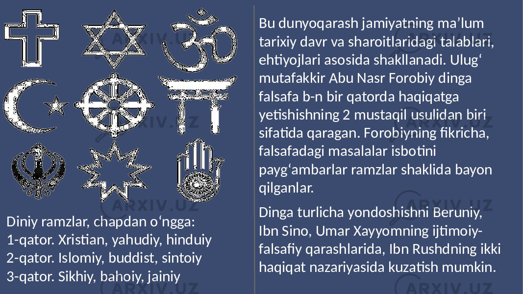 Diniy ramzlar, chapdan oʻngga: 1-qator. Xristian, yahudiy, hinduiy 2-qator. Islomiy, buddist, sintoiy 3-qator. Sikhiy, bahoiy, jainiy Bu dunyoqarash jamiyatning maʼlum tarixiy davr va sharoitlaridagi talablari, ehtiyojlari asosida shakllanadi. Ulugʻ mutafakkir Abu Nasr Forobiy dinga falsafa b-n bir qatorda haqiqatga yetishishning 2 mustaqil usulidan biri sifatida qaragan. Forobiyning fikricha, falsafadagi masalalar isbotini paygʻambarlar ramzlar shaklida bayon qilganlar. Dinga turlicha yondoshishni Beruniy, Ibn Sino, Umar Xayyomning ijtimoiy- falsafiy qarashlarida, Ibn Rushdning ikki haqiqat nazariyasida kuzatish mumkin. 