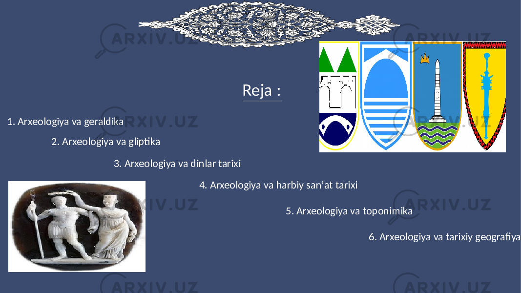 Reja : 1. Arxeologiya va geraldika 2. Arxeologiya va gliptika 3. Arxeologiya va dinlar tarixi 4. Arxeologiya va harbiy sanʼat tarixi 5. Arxeologiya va toponimika 6. Arxeologiya va tarixiy geografiya 