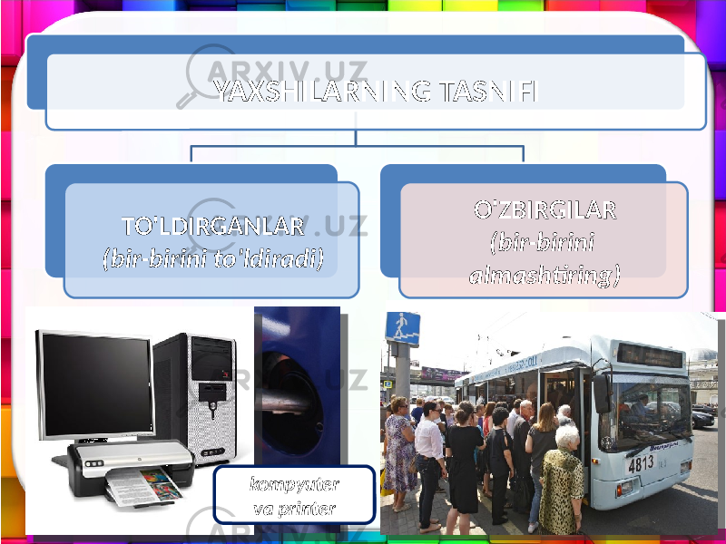 YAXSHILARNING TASNIFI TO&#39;LDIRGANLAR (bir-birini to&#39;ldiradi) O&#39;ZBIRGILAR (bir-birini almashtiring) avtomobil va benzinkompyuter va printer 