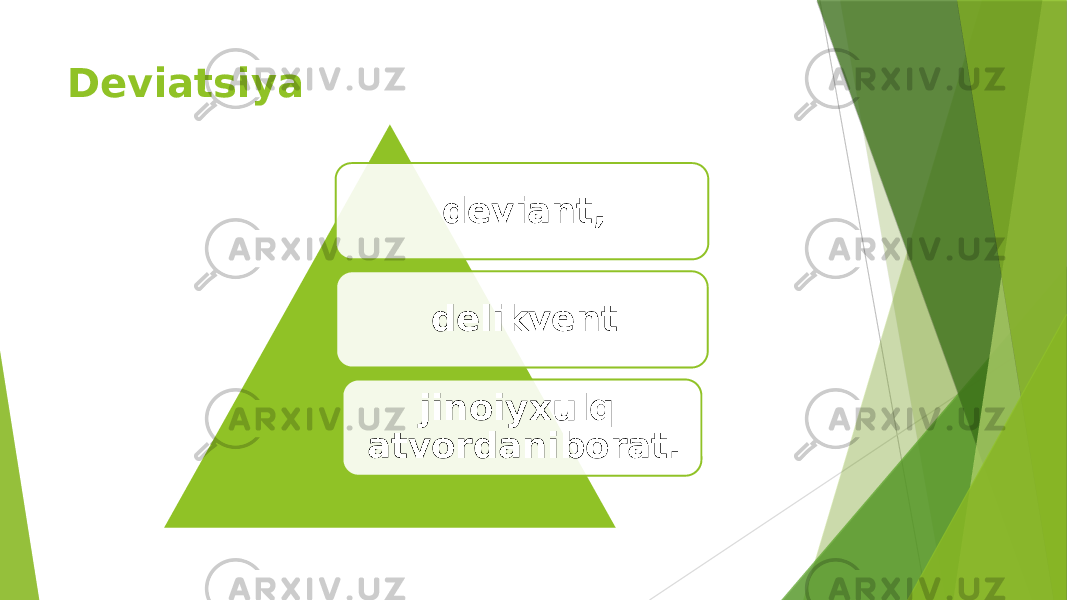 Deviatsiya deviant, delikvent jinoiyxulq- atvordaniborat. 