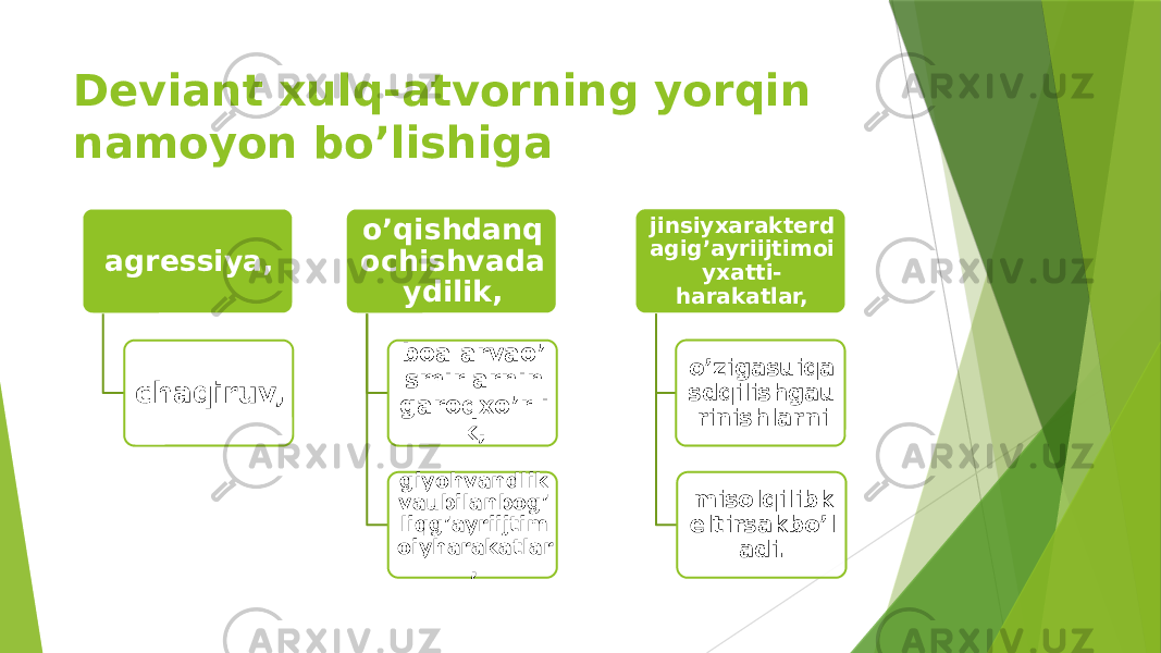 Deviant xulq-atvorning yorqin namoyon bo’lishiga   agressiya, chaqiruv, o’qishdanq ochishvada ydilik, boalarvao’ smirlarnin garoqxo’rli k, giyohvandlik vaubilanbog’ liqg’ayriijtim oiyharakatlar , jinsiyxarakterd agig’ayriijtimoi yxatti- harakatlar, o’zigasuiqa sdqilishgau rinishlarni misolqilibk eltirsakbo’l adi. 