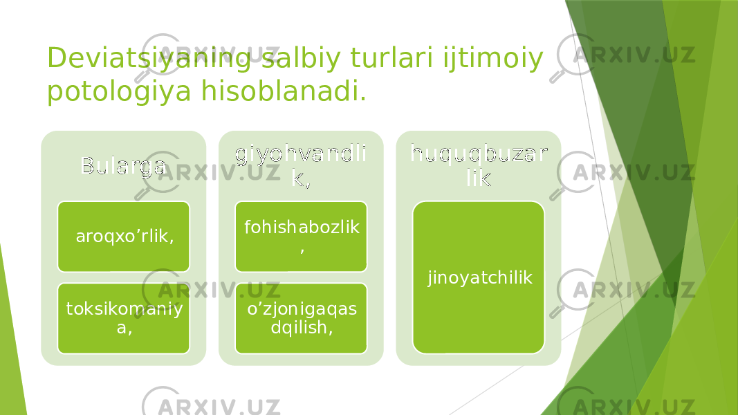 Deviatsiyaning salbiy turlari ijtimoiy potologiya hisoblanadi. Bularga aroqxo’rlik, toksikomaniy a, giyohvandli k, fohishabozlik , o’zjonigaqas dqilish, huquqbuzar lik jinoyatchilik 