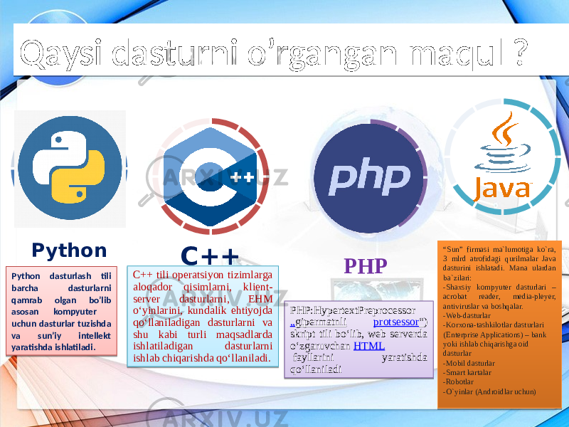 Qaysi dasturni o’rgangan maqul ? Python dasturlash tili barcha dasturlarni qamrab olgan bo’lib asosan kompyuter uchun dasturlar tuzishda va sun’iy intellekt yaratishda ishlatiladi. Python C++ tili operatsiyon tizimlarga aloqador qisimlarni, klient- server dasturlarni, EHM oʻyinlarini, kundalik ehtiyojda qoʻllaniladigan dasturlarni va shu kabi turli maqsadlarda ishlatiladigan dasturlarni ishlab chiqarishda qoʻllaniladi. C++ PHP:HypertextPreprocessor  „ gipermatnli protsessor “ ) skript tili boʻlib, web serverda oʻzgaruvchan  HTML  fayllarini yaratishda qoʻllaniladi PHP “ Sun” firmasi ma`lumotiga ko`ra, 3 mlrd atrofidagi qurilmalar Java dasturini ishlatadi. Mana ulardan ba`zilari: -Shaxsiy kompyuter dasturlari – acrobat reader, media-pleyer, antiviruslar va boshqalar. -Web-dasturlar -Korxona-tashkilotlar dasturlari (Enterprise Applications) – bank yoki ishlab chiqarishga oid dasturlar -Mobil dasturlar -Smart kartalar -Robotlar -O`yinlar (Androidlar uchun)2209 02 0D 0A 12 09 16 03 4D 080C 14 05 24 14 0B 0B 0129 52 13 07 0D 53 2F 14 05 29 510E 24 53 28 5607 2008 1D08 46 08 08 46 46 2A 0205 2008 46 46 46 46 