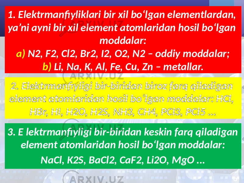 1. Elektrmanfiyliklari bir xil bo‘lgan elementlardan, ya’ni ayni bir xil element atomlaridan hosil bo‘lgan moddalar: a) N2, F2, Cl2, Br2, I2, O2, N2 – oddiy moddalar; b) Li, Na, K, Al, Fe, Cu, Zn – metallar. 3. E lektrmanfiyligi bir-biridan keskin farq qiladigan element atomlaridan hosil bo‘lgan moddalar: NaCl, K2S, BaCl2, CaF2, Li2O, MgO ...2. Elektrmanfiyligi bir-biridan biroz farq qiladigan element atomlaridan hosil bo‘lgan moddalar: HCl, HBr, HI, H2O, H2S, NH3, CH4, PCl3, PCl5 ... 