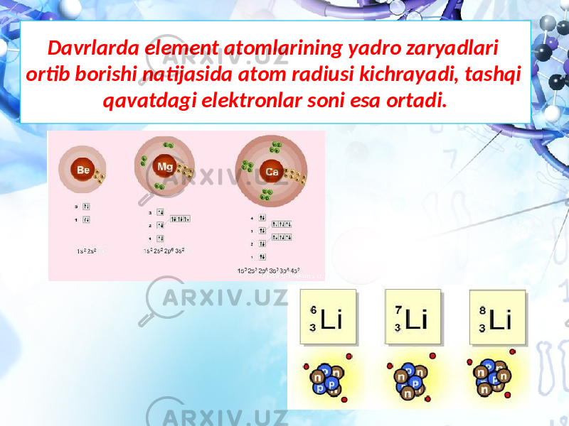 Davrlarda element atomlarining yadro zaryadlari ortib borishi natijasida atom radiusi kichrayadi, tashqi qavatdagi elektronlar soni esa ortadi. 