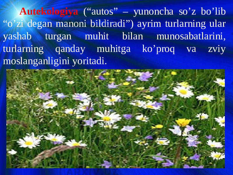  Autekologiya (“autos” – yunoncha so’z bo’lib “o’zi degan manoni bildiradi”) ayrim turlarning ular yashab turgan muhit bilan munosabatlarini, turlarning qanday muhitga ko’proq va zviy moslanganligini yoritadi. 