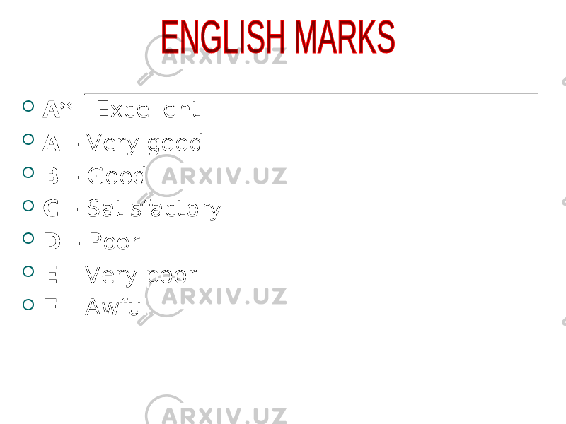  A* - Excellent  A – Very good  B – Good  C – Satisfactory  D – Poor  E – Very poor  F – Awful 