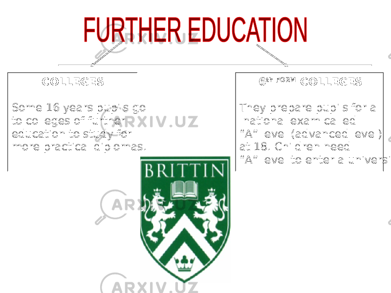  COLLEGES Some 16 years pupils go to colleges of further education to study for more practical diplomas. 6 th FORM COLLEGES They prepare pupils for a national exam called “ A” level (advanced level) at 18. Children need “ A” level to enter a university. 