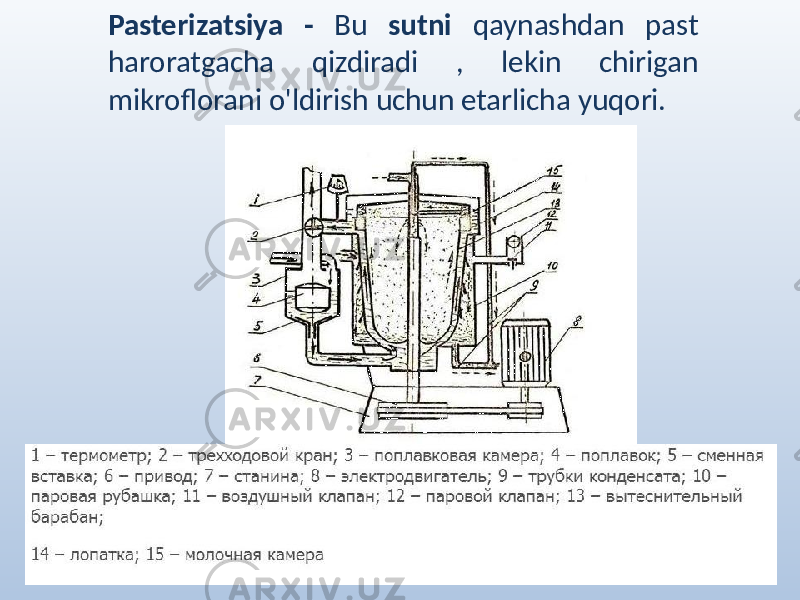 Pasterizatsiya - Bu sutni qaynashdan past haroratgacha qizdiradi , lekin chirigan mikroflorani o&#39;ldirish uchun etarlicha yuqori. 