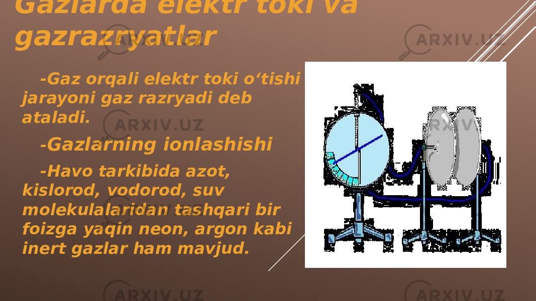 Gazlarda elektr toki va gazrazryatlar -Gaz orqali elektr toki o‘tishi jarayoni gaz razryadi deb ataladi. - Gazlarning ionlashishi -Havo tarkibida azot, kislorod, vodorod, suv molekulalaridan tashqari bir foizga yaqin neon, argon kabi inert gazlar ham mavjud. 