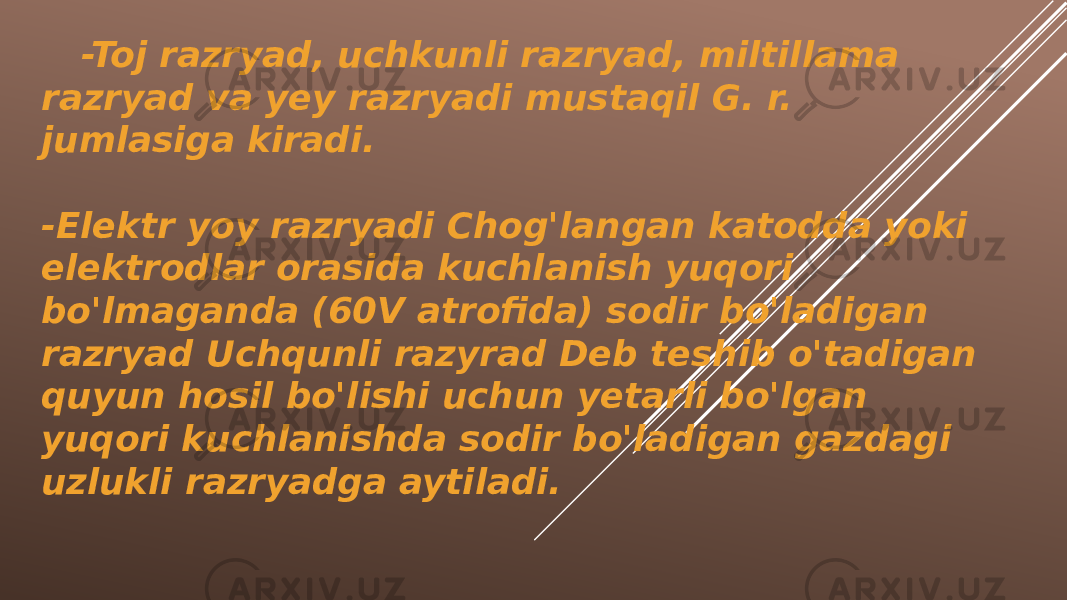 -Toj razryad, uchkunli razryad, miltillama razryad va yey razryadi mustaqil G. r. jumlasiga kiradi. -Elektr yoy razryadi Chog&#39;langan katodda yoki elektrodlar orasida kuchlanish yuqori bo&#39;lmaganda (60V atrofida) sodir bo&#39;ladigan razryad Uchqunli razyrad Deb teshib o&#39;tadigan quyun hosil bo&#39;lishi uchun yetarli bo&#39;lgan yuqori kuchlanishda sodir bo&#39;ladigan gazdagi uzlukli razryadga aytiladi. 