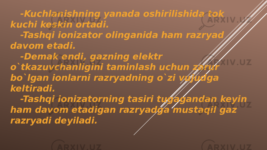 -Kuchlanishning yanada oshirilishida tok kuchi keskin ortadi. -Tashqi ionizator olinganida ham razryad davom etadi. -Demak endi, gazning elektr o`tkazuvchanligini taminlash uchun zarur bo`lgan ionlarni razryadning o`zi vujudga keltiradi. -Tashqi ionizatorning tasiri tugagandan keyin ham davom etadigan razryadga mustaqil gaz razryadi deyiladi. 