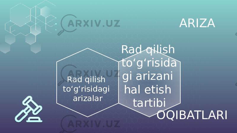 ARIZA Rad qilish to‘g‘risidagi arizalar Rad qilish to‘g‘risida gi arizani hal etish tartibi OQIBATLARI 