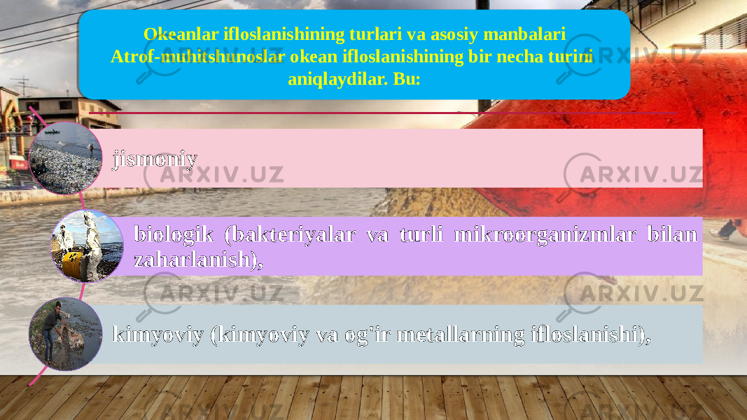 Okeanlar ifloslanishining turlari va asosiy manbalari Atrof-muhitshunoslar okean ifloslanishining bir necha turini aniqlaydilar. Bu: jismoniy biologik (bakteriyalar va turli mikroorganizmlar bilan zaharlanish), kimyoviy (kimyoviy va og&#39;ir metallarning ifloslanishi), 08 2E 020B 