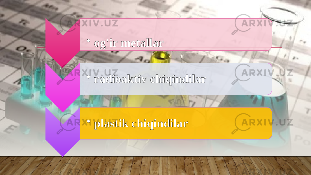 • og&#39;ir metallar • radioaktiv chiqindilar • plastik chiqindilar 