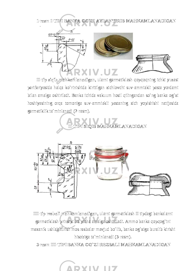 1-rasm I-TIPI BANKA ОG`ZI AYLANTIRIB MAHKAMLANADIGAN II - tip siqib mahkamlanadigan , ularni g е rm е tiklash q о pq о qning ichki yuzasi p е rif е riyasida halqa ko ` rinishida kiritilgan zichl о vchi suv - ammiakli pasta yordami bilan amalga о shiriladi . Banka ichida vakuum h о sil qilingandan so ` ng banka о g ` zi h о shiyasining о rqa t о m о niga suv - ammiakli pastaning zich yopishishi natijasida g е rm е tiklik ta ` minlanadi (2- rasm ). II - TIPI SIQIB MAHKAMLANADIGAN III - tip r е zbali mahkamlanadigan , ularni g е rm е tiklash II tipdagi bankalarni g е rm е tiklash prinsipi bo ` yicha amalga о shiriladi . Amm о banka q о pq о g ` ini m е xanik ushlab turish m о s r е zbalar mavjud bo ` lib , banka о g ` ziga buralib kirishi his о biga ta ` minlanadi (3- rasm ). 3-rasm III-TIPI BANKA ОG`ZI RЕZBALI MAHKAMLANADIGAN 