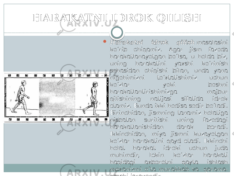 HARAKATNI IDROK QILISH  Harakatni idrok qilish  masalasini ko‘rib chiqamiz. Agar jism fazoda harakatlanayotgan bo‘lsa, u holda biz, uning harakatini yaxshi ko‘rinish sohasidan chiqishi bilan, unda yana nigohimizni to‘xtatishimiz uchun ko‘zlar yoki boshni harakatlantirishimizga majbur qilishining natijasi sifatida idrok etamiz. Bunda ikki hodisa sodir bo‘ladi. Birinchidan, jismning tanamiz holatiga nisbatan surilishi uning fazodagi harakatlanishidan darak beradi. Ikkinchidan, miya jismni kuzayotgan ko‘zlar harakatini qayd etadi. Ikkinchi holat harakat idroki uchun juda muhimdir, lekin ko‘zlar harakati haqidagi axborotni qayta ishlash mexanizmi o‘ta murakkab va  qarama- qarshi jarayondir. 