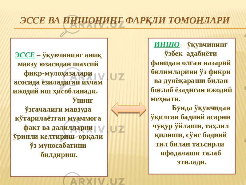 ЭССЕ ВА ИНШОНИНГ ФАРҚЛИ ТОМОНЛАРИ ЭССЕ – ўқувчининг аниқ мавзу юзасидан шахсий фикр-мулоҳазалари асосида ёзиладиган ихчам ижодий иш ҳисобланади. Унинг ўзгачалиги мавзуда кўтарилаётган муаммога факт ва далилларни ўринли келтириш орқали ўз муносабатини билдириш. ИНШО – ўқувчининг ўзбек адабиёти фанидан олган назарий билимларини ўз фикри ва дунёқараши билан боғлаб ёзадиган ижодий меҳнати. Бунда ўқувчидан ўқилган бадиий асарни чуқур ўйлаши, таҳлил қилиши, сўнг бадиий тил билан таъсирли ифодалаши талаб этилади. 