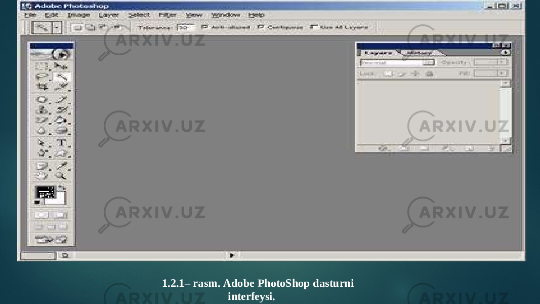 1.2.1– rasm. Adobe PhotoShop dasturni interfeysi. 