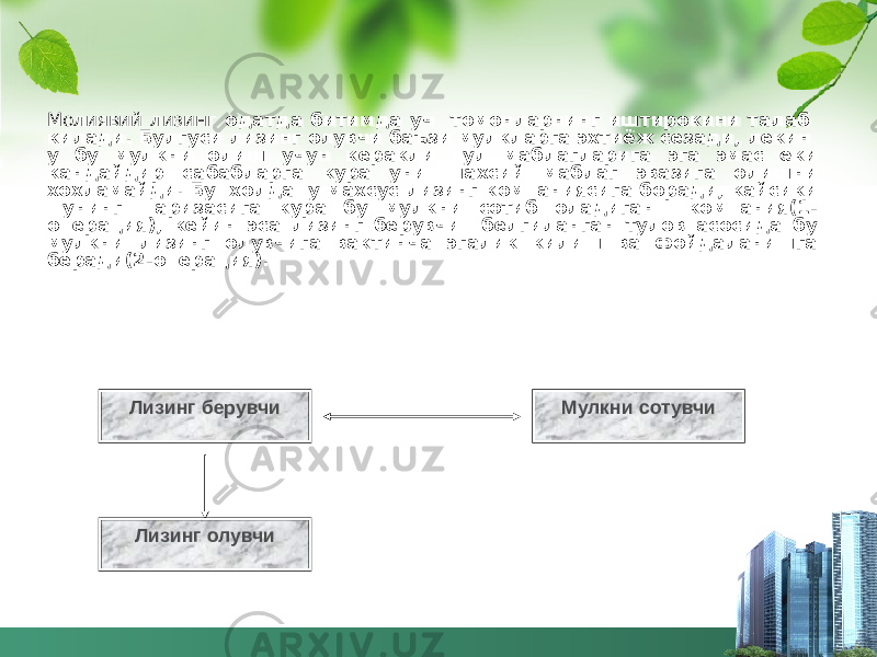 Молиявий лизинг одатда битимда уч томонларнинг иштирокини талаб килади. Булгуси лизинг олувчи баъзи мулкларга эхтиёж сезади, лекин у бу мулкни олиш учун керакли пул маблагларига эга эмас ёки кандайдир сабабларга кура уни шахсий маблаг эвазига олишни хохламайди. Бу холда у махсус лизинг компаниясига боради, кайсики унинг аризасига кура бу мулкни сотиб оладиган компания(1- операция), кейин эса лизинг берувчи белгиланган тулов асосида бу мулкни лизинг олувчига вактинча эгалик килиш ва фойдаланишга беради(2-операция). Лизинг берувчи Лизинг олувчи Мулкни сотувчи2E 06 3E 3C 3E 53 06 3540 44 32 