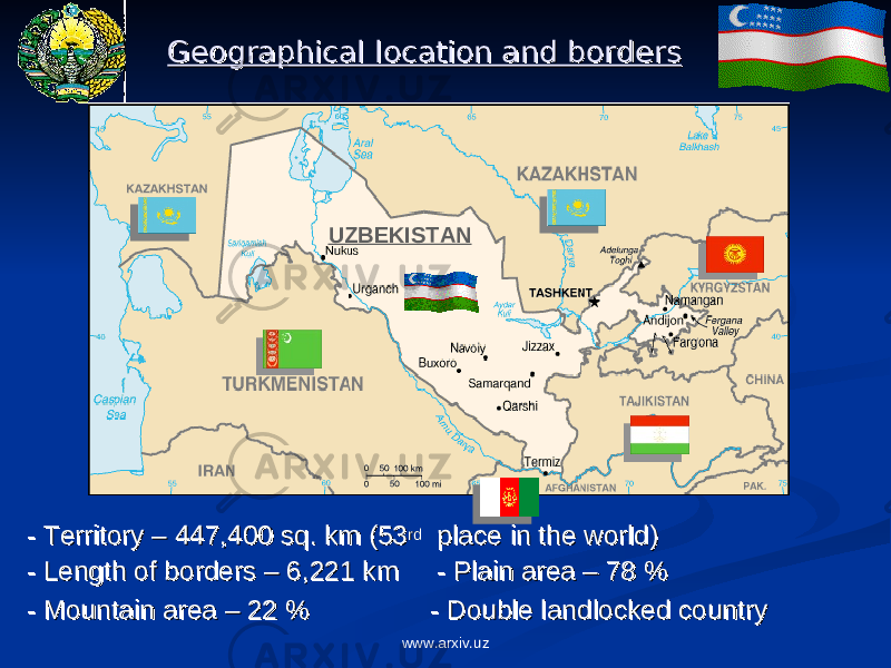 Geographical location and bordersGeographical location and borders - Territory – 447,400 sq. km (53- Territory – 447,400 sq. km (53 rdrd place in the world) place in the world) - Length of borders – 6,221 km - Plain area – 78 %- Length of borders – 6,221 km - Plain area – 78 % - Mountain area – 22 % - Double landlocked country - Mountain area – 22 % - Double landlocked country UZBEKISTAN www.arxiv.uz 