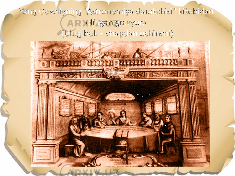Yang Geveliyning “Astronomiya darakchisi” kitobidan olingan gravyura (Ulug`bek – chapdan uchinchi) 