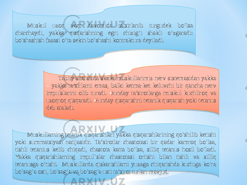 Muskul uzoq vaqt davomida ta’sirlanib turgudek bо‘lsa charchaydi, yakka qisqarishning egri chizig‘i shakli о‘zgaradi: bо‘shashish fazasi о‘ta sekin bо‘shashi kontraktura deyiladi. Tabiiy sharoitda skelet muskullarimiz nerv sistemasidan yakka – yakka ta’sirlarni emas, balki ketma-ket keluvchi bir qancha nerv impulslarini olib turadi. Bunday ta’sirotlarga muskul kuchliroq va uzoqroq qisqaradi. Bunday qisqarishni tetanik qisqarish yoki tetanus deb ataladi. Muskullarning tetanik qisqarishlari yakka qisqarishlarining qо‘shilib ketishi yoki summatsiyasi natijasidir. Ta’sirotlar chastotasi bir qadar kamroq bо‘lsa, tishli tetanius kelib chiqadi, chastota katta bо‘lsa, silliq tetanus hosil bо‘ladi. Yakka qisqarishlarning impul`slar chastotasi ortishi bilan tishli va silliq tetanusga о‘tishi. Muskullarda qiskarishlarni yuzaga chiqarishda kuchiga kо‘ra bо‘sag‘a osti, bо‘sag‘a va bо‘sag‘a usti ta’sirot turlari mavjud.19 27090A 1A1E1F08 37 290C 0F06 0713141B03141B0C 22021A0C 19 16140B0F0C 0E0F 2D 0E020E 1A1E1F08 