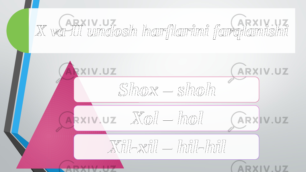 X va H undosh harflarini farqlanishi Shox – shoh Xol – hol Xil-xil – hil-hil 