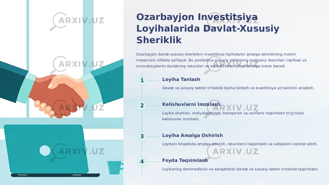 Ozarbayjon Investitsiya Loyihalarida Davlat-Xususiy Sheriklik Ozarbayjon davlat-xususiy sheriklikni investitsiya loyihalarini amalga oshirishning muhim mexanizmi sifatida qo&#39;llaydi. Bu yondashuv xususiy sektorning moliyaviy resurslari, tajribasi va innovatsiyalarini davlatning resurslari va siyosati bilan birlashtirishga imkon beradi. 1 Loyiha Tanlash Davlat va xususiy sektor o&#39;rtasida loyiha tanlash va investitsiya yo&#39;nalishini aniqlash. 2 Kelishuvlarni Imzolash Loyiha shartlari, moliyalashtirish, boshqarish va xavflarni taqsimlash to&#39;g&#39;risida kelishuvlar imzolash. 3 Loyiha Amalga Oshirish Loyihani birgalikda amalga oshirish, resurslarni taqsimlash va natijalarni nazorat qilish. 4 Foyda Taqsimlash Loyihaning daromadlarini va xarajatlarini davlat va xususiy sektor o&#39;rtasida taqsimlash. 