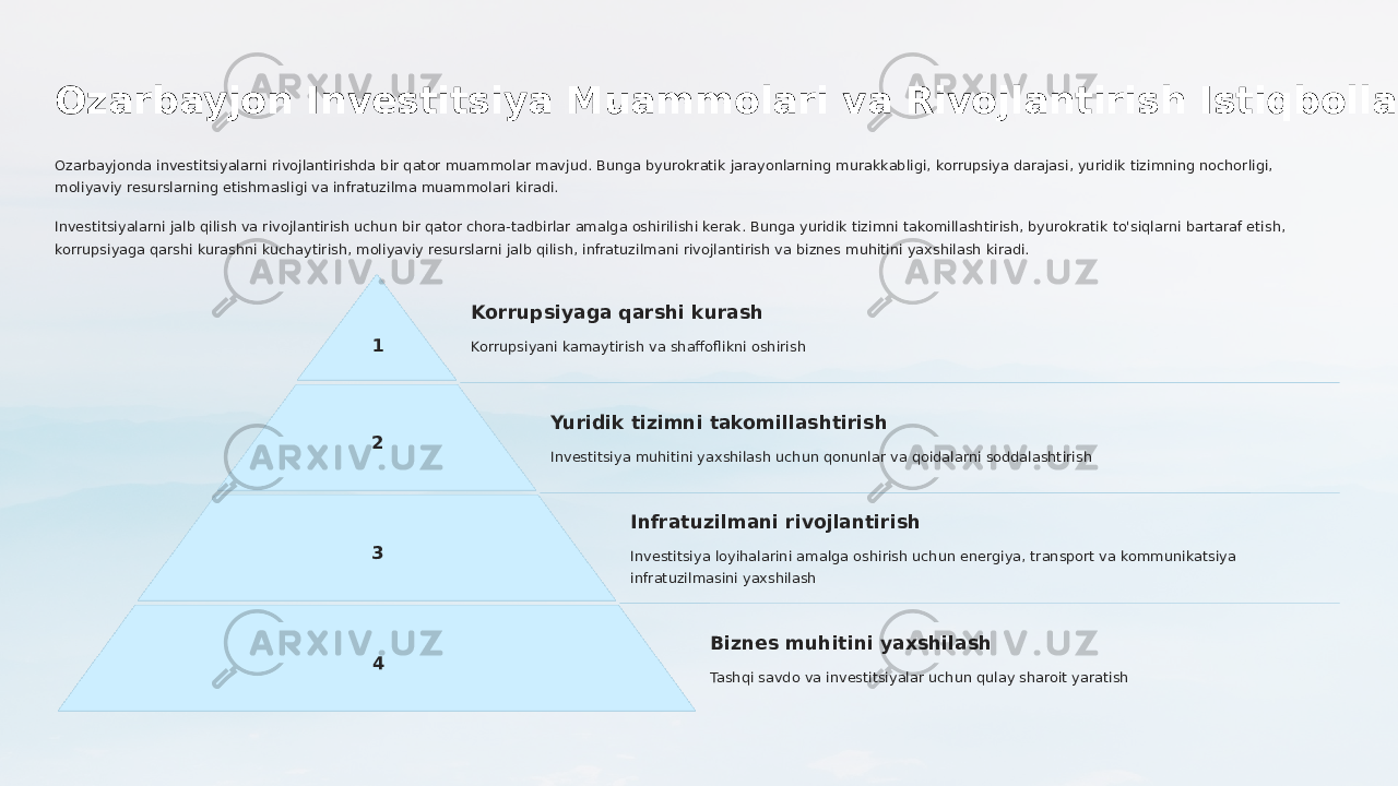 Ozarbayjon Investitsiya Muammolari va Rivojlantirish Istiqbollari Ozarbayjonda investitsiyalarni rivojlantirishda bir qator muammolar mavjud. Bunga byurokratik jarayonlarning murakkabligi, korrupsiya darajasi, yuridik tizimning nochorligi, moliyaviy resurslarning etishmasligi va infratuzilma muammolari kiradi. Investitsiyalarni jalb qilish va rivojlantirish uchun bir qator chora-tadbirlar amalga oshirilishi kerak. Bunga yuridik tizimni takomillashtirish, byurokratik to&#39;siqlarni bartaraf etish, korrupsiyaga qarshi kurashni kuchaytirish, moliyaviy resurslarni jalb qilish, infratuzilmani rivojlantirish va biznes muhitini yaxshilash kiradi. 1 Korrupsiyaga qarshi kurash Korrupsiyani kamaytirish va shaffoflikni oshirish 2 Yuridik tizimni takomillashtirish Investitsiya muhitini yaxshilash uchun qonunlar va qoidalarni soddalashtirish 3 Infratuzilmani rivojlantirish Investitsiya loyihalarini amalga oshirish uchun energiya, transport va kommunikatsiya infratuzilmasini yaxshilash 4 Biznes muhitini yaxshilash Tashqi savdo va investitsiyalar uchun qulay sharoit yaratish 