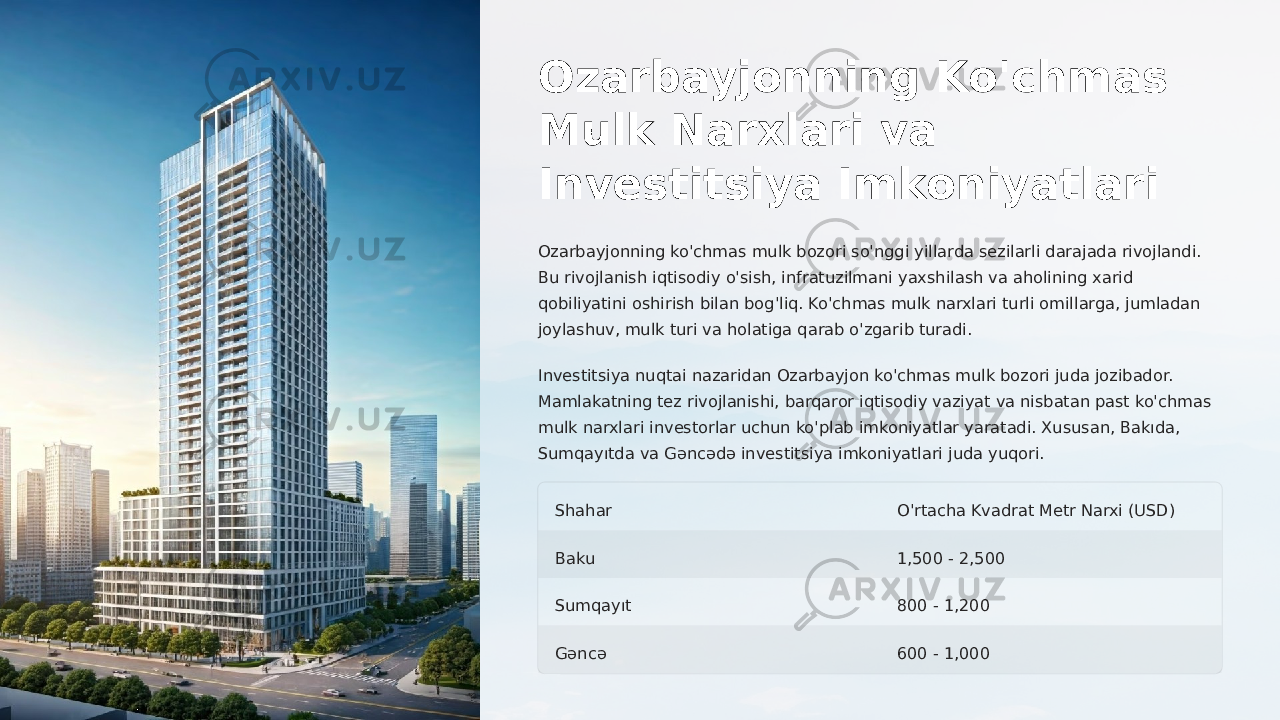 Ozarbayjonning Ko&#39;chmas Mulk Narxlari va Investitsiya Imkoniyatlari Ozarbayjonning ko&#39;chmas mulk bozori so&#39;nggi yillarda sezilarli darajada rivojlandi. Bu rivojlanish iqtisodiy o&#39;sish, infratuzilmani yaxshilash va aholining xarid qobiliyatini oshirish bilan bog&#39;liq. Ko&#39;chmas mulk narxlari turli omillarga, jumladan joylashuv, mulk turi va holatiga qarab o&#39;zgarib turadi. Investitsiya nuqtai nazaridan Ozarbayjon ko&#39;chmas mulk bozori juda jozibador. Mamlakatning tez rivojlanishi, barqaror iqtisodiy vaziyat va nisbatan past ko&#39;chmas mulk narxlari investorlar uchun ko&#39;plab imkoniyatlar yaratadi. Xususan, Bakıda, Sumqayıtda va Gəncədə investitsiya imkoniyatlari juda yuqori. Shahar O&#39;rtacha Kvadrat Metr Narxi (USD) Baku 1,500 - 2,500 Sumqayıt 800 - 1,200 Gəncə 600 - 1,000 