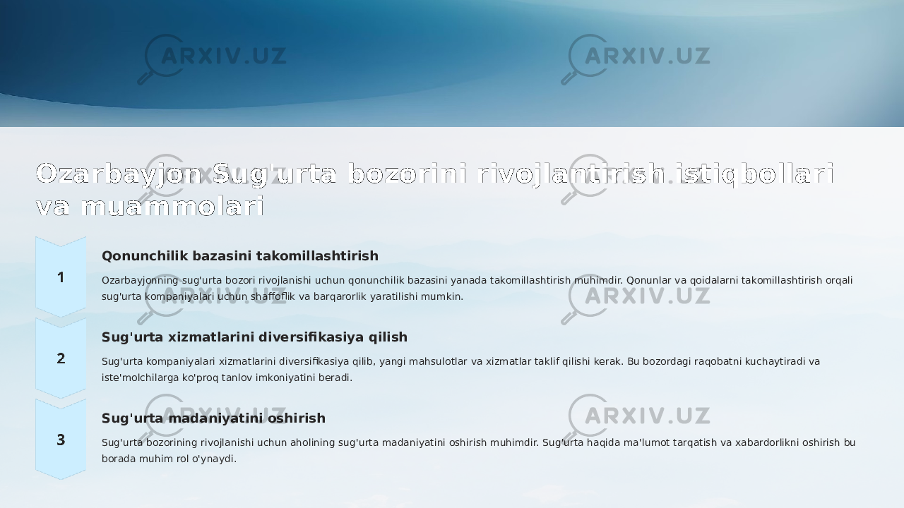 Ozarbayjon Sug&#39;urta bozorini rivojlantirish istiqbollari va muammolari Qonunchilik bazasini takomillashtirish Ozarbayjonning sug&#39;urta bozori rivojlanishi uchun qonunchilik bazasini yanada takomillashtirish muhimdir. Qonunlar va qoidalarni takomillashtirish orqali sug&#39;urta kompaniyalari uchun shaffoflik va barqarorlik yaratilishi mumkin. Sug&#39;urta xizmatlarini diversifikasiya qilish Sug&#39;urta kompaniyalari xizmatlarini diversifikasiya qilib, yangi mahsulotlar va xizmatlar taklif qilishi kerak. Bu bozordagi raqobatni kuchaytiradi va iste&#39;molchilarga ko&#39;proq tanlov imkoniyatini beradi. Sug&#39;urta madaniyatini oshirish Sug&#39;urta bozorining rivojlanishi uchun aholining sug&#39;urta madaniyatini oshirish muhimdir. Sug&#39;urta haqida ma&#39;lumot tarqatish va xabardorlikni oshirish bu borada muhim rol o&#39;ynaydi. 