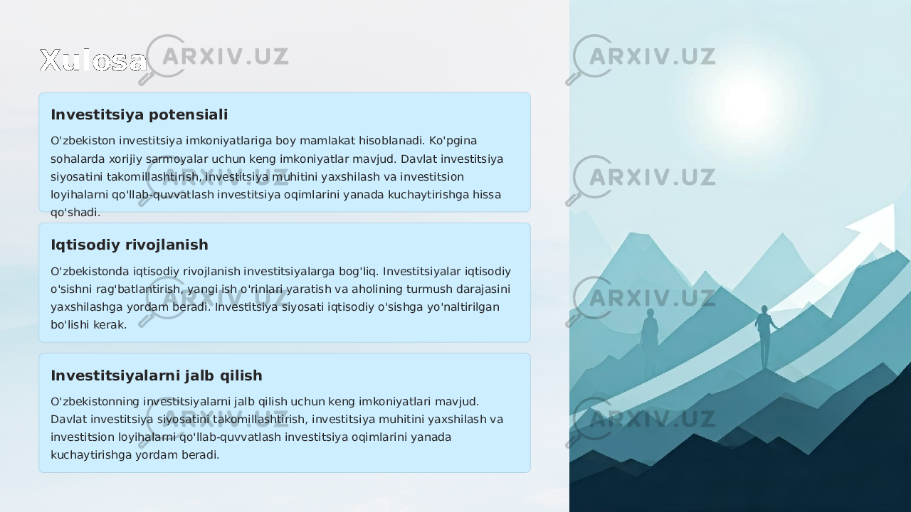 Xulosa Investitsiya potensiali O&#39;zbekiston investitsiya imkoniyatlariga boy mamlakat hisoblanadi. Ko&#39;pgina sohalarda xorijiy sarmoyalar uchun keng imkoniyatlar mavjud. Davlat investitsiya siyosatini takomillashtirish, investitsiya muhitini yaxshilash va investitsion loyihalarni qo&#39;llab-quvvatlash investitsiya oqimlarini yanada kuchaytirishga hissa qo&#39;shadi. Iqtisodiy rivojlanish O&#39;zbekistonda iqtisodiy rivojlanish investitsiyalarga bog&#39;liq. Investitsiyalar iqtisodiy o&#39;sishni rag&#39;batlantirish, yangi ish o&#39;rinlari yaratish va aholining turmush darajasini yaxshilashga yordam beradi. Investitsiya siyosati iqtisodiy o&#39;sishga yo&#39;naltirilgan bo&#39;lishi kerak. Investitsiyalarni jalb qilish O&#39;zbekistonning investitsiyalarni jalb qilish uchun keng imkoniyatlari mavjud. Davlat investitsiya siyosatini takomillashtirish, investitsiya muhitini yaxshilash va investitsion loyihalarni qo&#39;llab-quvvatlash investitsiya oqimlarini yanada kuchaytirishga yordam beradi. 