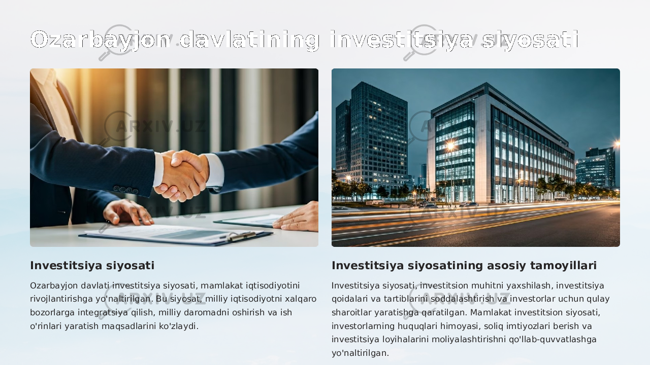 Ozarbayjon davlatining investitsiya siyosati Investitsiya siyosati Ozarbayjon davlati investitsiya siyosati, mamlakat iqtisodiyotini rivojlantirishga yo&#39;naltirilgan. Bu siyosat, milliy iqtisodiyotni xalqaro bozorlarga integratsiya qilish, milliy daromadni oshirish va ish o&#39;rinlari yaratish maqsadlarini ko&#39;zlaydi. Investitsiya siyosatining asosiy tamoyillari Investitsiya siyosati, investitsion muhitni yaxshilash, investitsiya qoidalari va tartiblarini soddalashtirish va investorlar uchun qulay sharoitlar yaratishga qaratilgan. Mamlakat investitsion siyosati, investorlarning huquqlari himoyasi, soliq imtiyozlari berish va investitsiya loyihalarini moliyalashtirishni qo&#39;llab-quvvatlashga yo&#39;naltirilgan. 