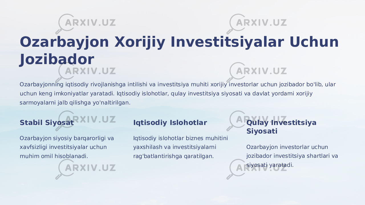 Ozarbayjon Xorijiy Investitsiyalar Uchun Jozibador Ozarbayjonning iqtisodiy rivojlanishga intilishi va investitsiya muhiti xorijiy investorlar uchun jozibador bo&#39;lib, ular uchun keng imkoniyatlar yaratadi. Iqtisodiy islohotlar, qulay investitsiya siyosati va davlat yordami xorijiy sarmoyalarni jalb qilishga yo&#39;naltirilgan. Stabil Siyosat Ozarbayjon siyosiy barqarorligi va xavfsizligi investitsiyalar uchun muhim omil hisoblanadi. Iqtisodiy Islohotlar Iqtisodiy islohotlar biznes muhitini yaxshilash va investitsiyalarni rag&#39;batlantirishga qaratilgan. Qulay Investitsiya Siyosati Ozarbayjon investorlar uchun jozibador investitsiya shartlari va siyosati yaratadi. 