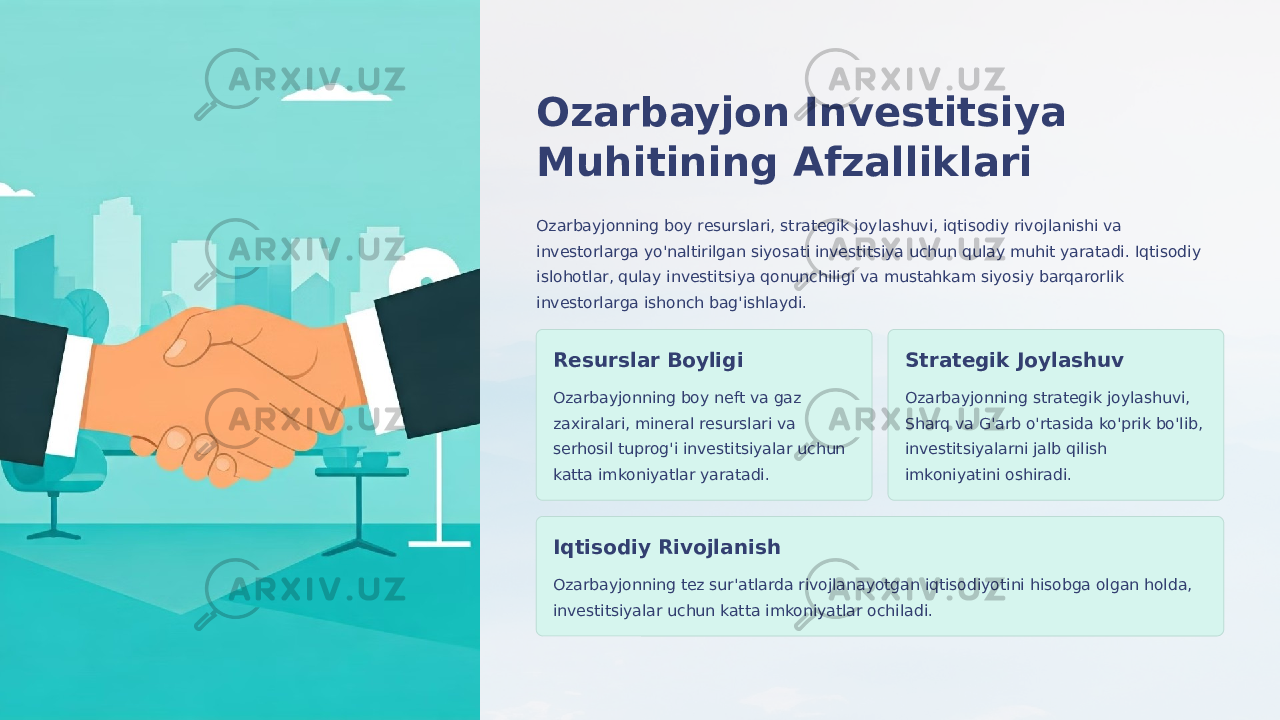 Ozarbayjon Investitsiya Muhitining Afzalliklari Ozarbayjonning boy resurslari, strategik joylashuvi, iqtisodiy rivojlanishi va investorlarga yo&#39;naltirilgan siyosati investitsiya uchun qulay muhit yaratadi. Iqtisodiy islohotlar, qulay investitsiya qonunchiligi va mustahkam siyosiy barqarorlik investorlarga ishonch bag&#39;ishlaydi. Resurslar Boyligi Ozarbayjonning boy neft va gaz zaxiralari, mineral resurslari va serhosil tuprog&#39;i investitsiyalar uchun katta imkoniyatlar yaratadi. Strategik Joylashuv Ozarbayjonning strategik joylashuvi, Sharq va G&#39;arb o&#39;rtasida ko&#39;prik bo&#39;lib, investitsiyalarni jalb qilish imkoniyatini oshiradi. Iqtisodiy Rivojlanish Ozarbayjonning tez sur&#39;atlarda rivojlanayotgan iqtisodiyotini hisobga olgan holda, investitsiyalar uchun katta imkoniyatlar ochiladi. 