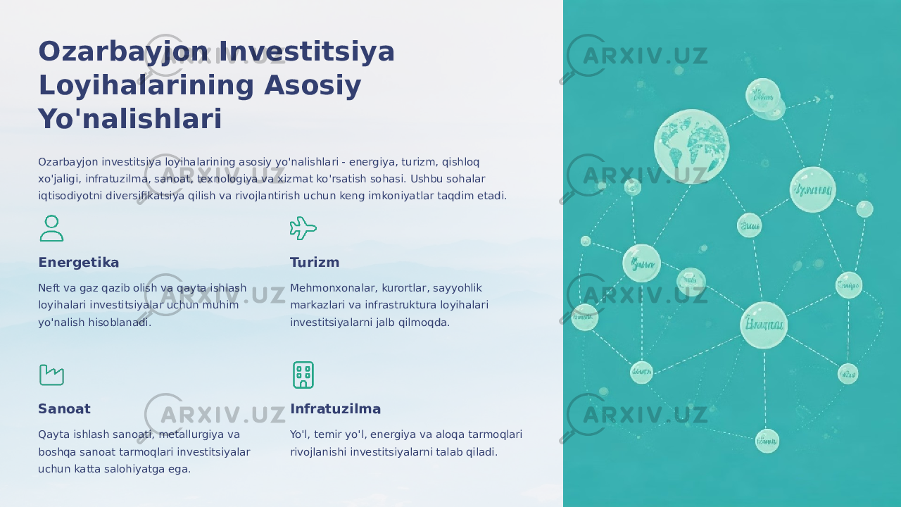 Ozarbayjon Investitsiya Loyihalarining Asosiy Yo&#39;nalishlari Ozarbayjon investitsiya loyihalarining asosiy yo&#39;nalishlari - energiya, turizm, qishloq xo&#39;jaligi, infratuzilma, sanoat, texnologiya va xizmat ko&#39;rsatish sohasi. Ushbu sohalar iqtisodiyotni diversifikatsiya qilish va rivojlantirish uchun keng imkoniyatlar taqdim etadi. Energetika Neft va gaz qazib olish va qayta ishlash loyihalari investitsiyalar uchun muhim yo&#39;nalish hisoblanadi. Turizm Mehmonxonalar, kurortlar, sayyohlik markazlari va infrastruktura loyihalari investitsiyalarni jalb qilmoqda. Sanoat Qayta ishlash sanoati, metallurgiya va boshqa sanoat tarmoqlari investitsiyalar uchun katta salohiyatga ega. Infratuzilma Yo&#39;l, temir yo&#39;l, energiya va aloqa tarmoqlari rivojlanishi investitsiyalarni talab qiladi. 