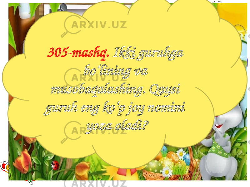 5305-mashq. Ikki guruhga bo‘lining va musobaqalashing. Qaysi guruh eng ko‘p joy nomini yoza oladi? 