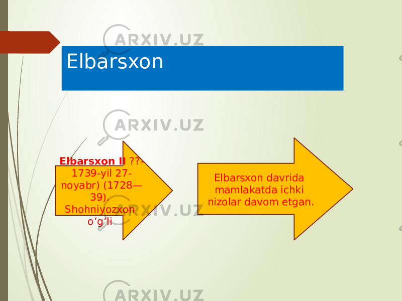 Elbarsxon Elbarsxon II  ??- 1739-yil 27- noyabr) (1728— 39). Shohniyozxon oʻgʻli . Elbarsxon davrida mamlakatda ichki nizolar davom etgan. 